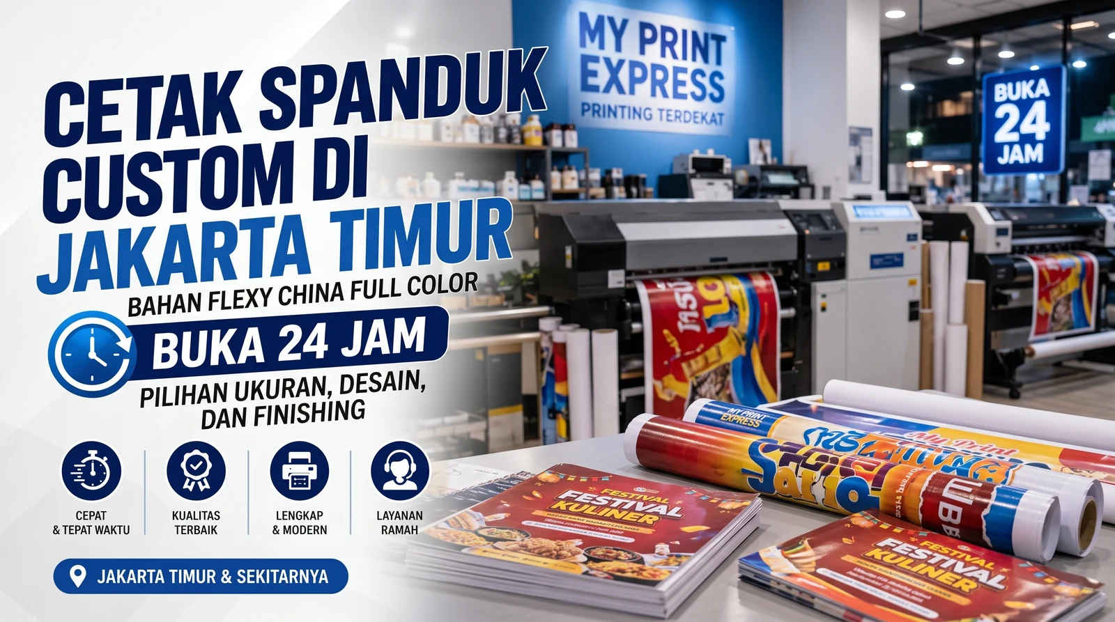 Cetak spanduk custom full color bahan flexy China di My Print Express Jakarta Timur