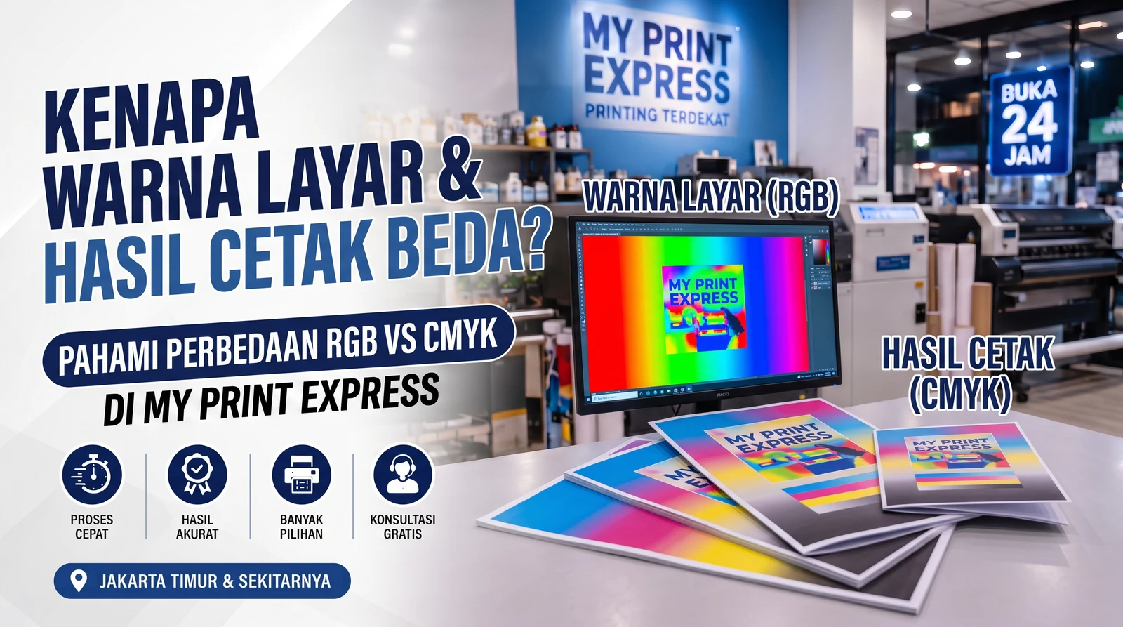 Perbedaan warna layar dan hasil cetak, perbandingan warna RGB di monitor dengan hasil cetak CMYK di kertas