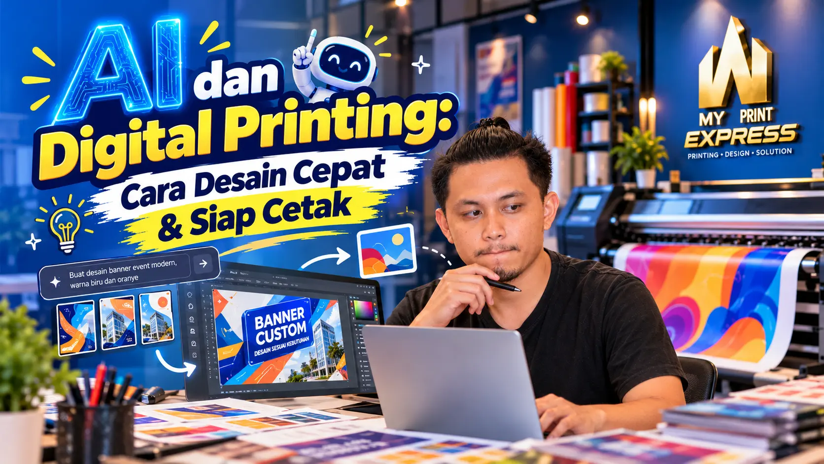 Featured image: Desainer menggunakan AI untuk membuat desain yang kemudian dicetak dengan mesin digital printing