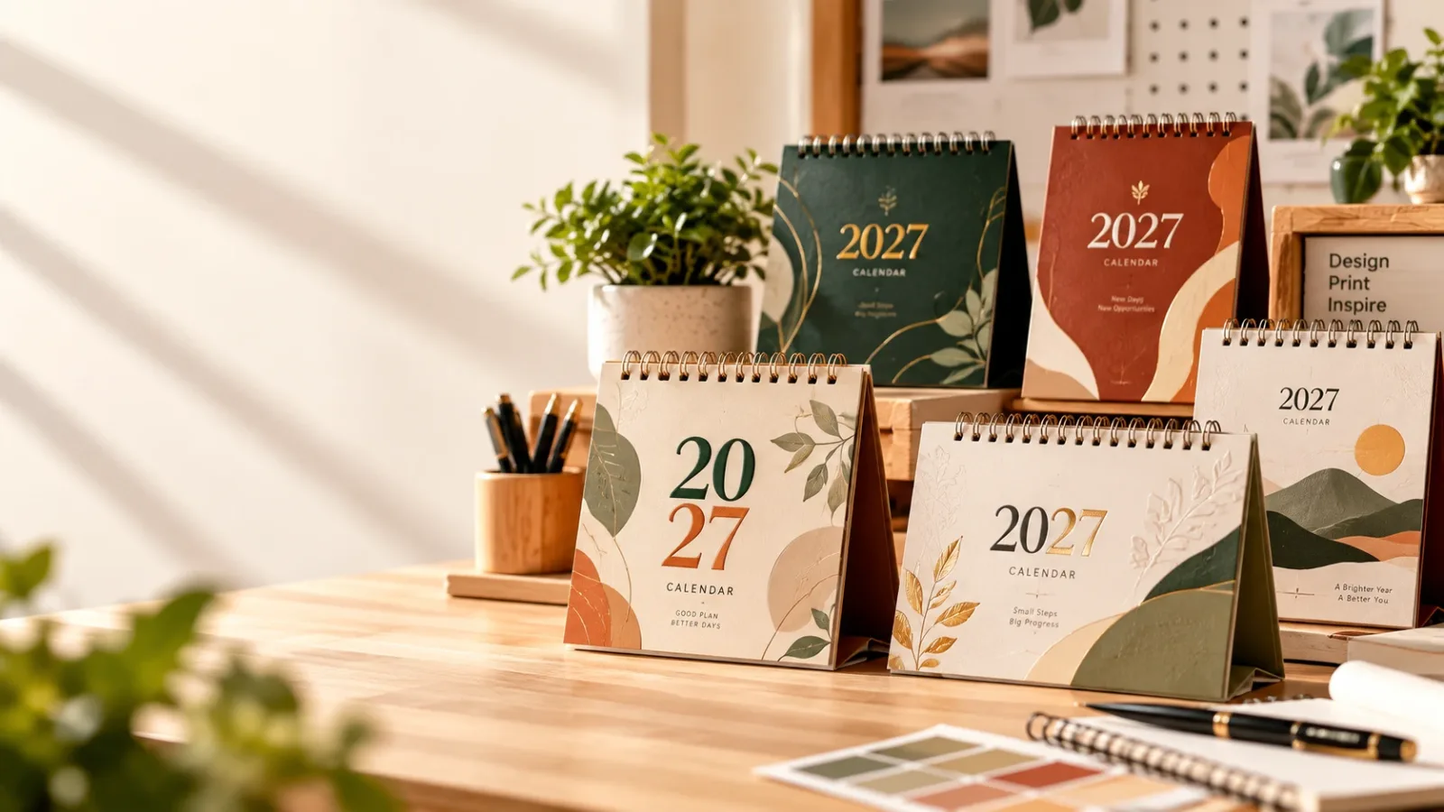 Kalender meja 2027 dengan desain minimalis dan warna earth tone di atas meja kerja