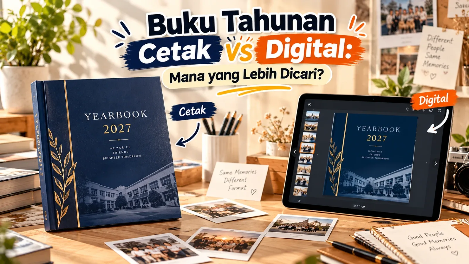 Buku tahunan cetak di samping tablet yang menampilkan versi digitalnya